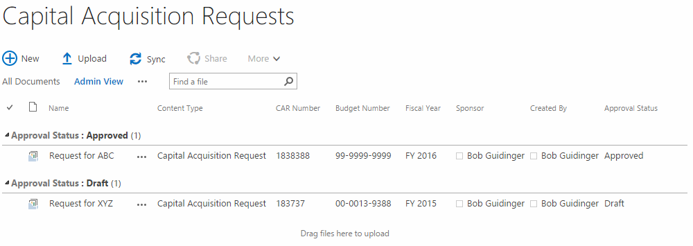 capital acquisition request admin dashboard screenshot